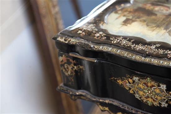 A Victorian papier mache work table W. 1ft 7in. D. 1ft 2in. H. 2ft 6in.